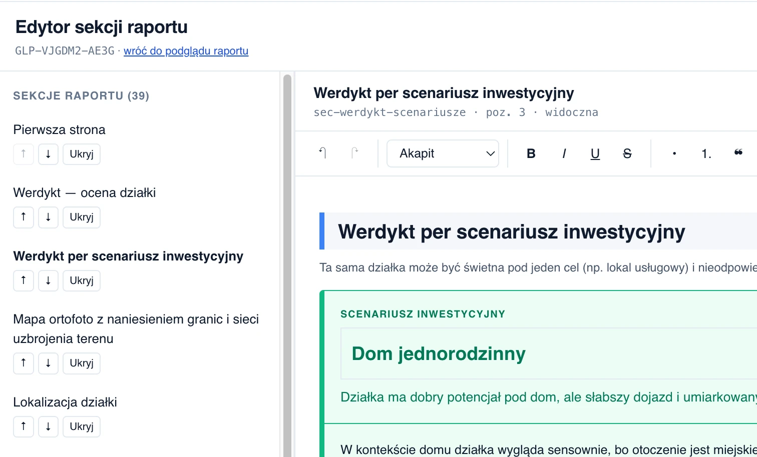 Edytor treści raportu z możliwością dostosowania przez agenta