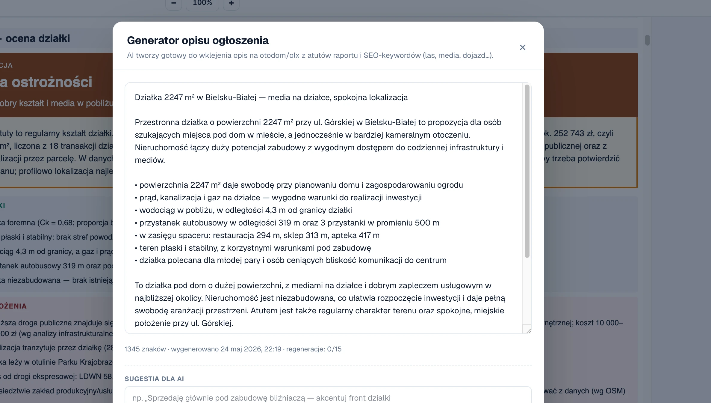 Generator opisów działki pod portale ogłoszeniowe (OLX, Otodom)