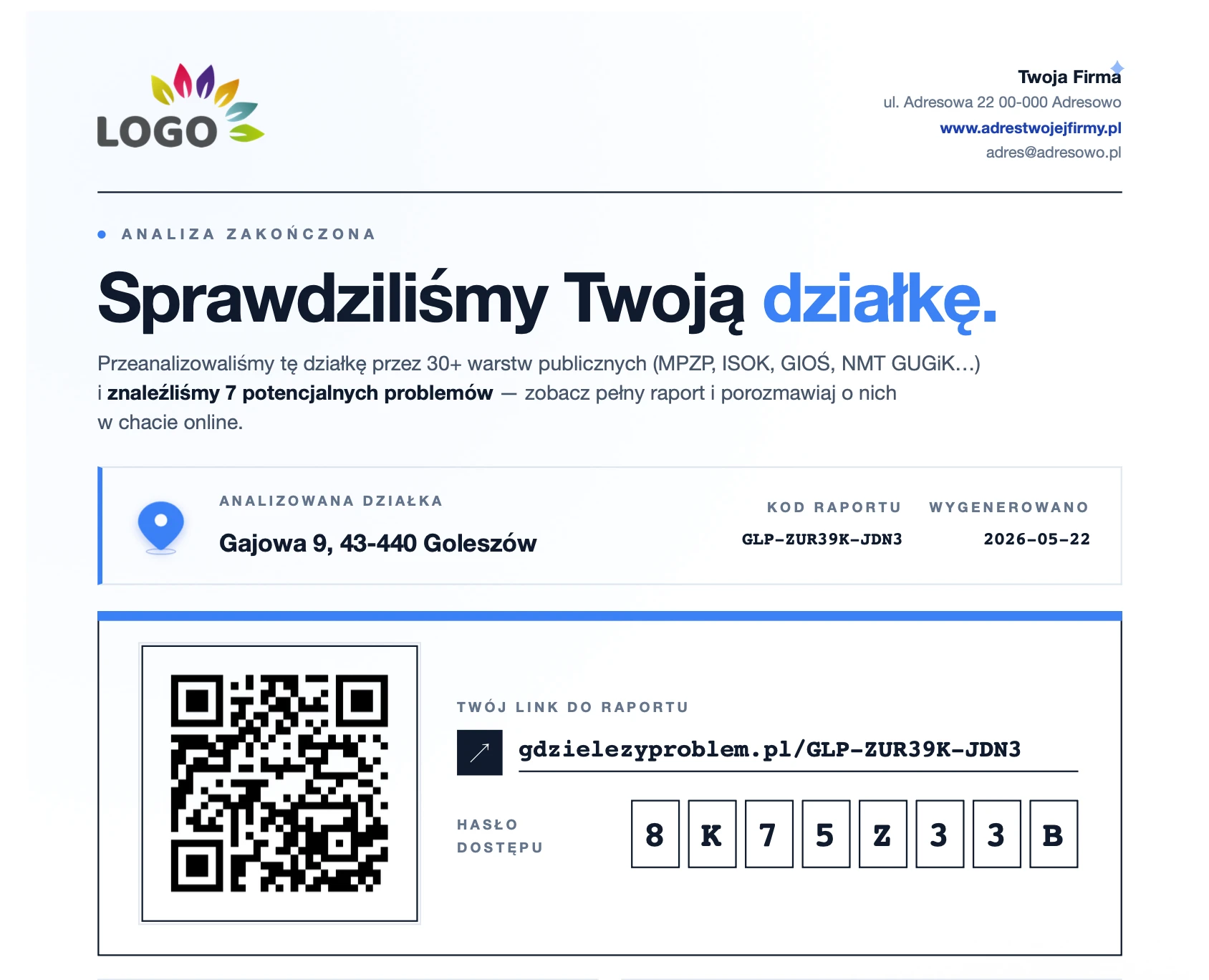 Karta dostępu A4 z kodem QR - obrandowana wizerunkiem agencji