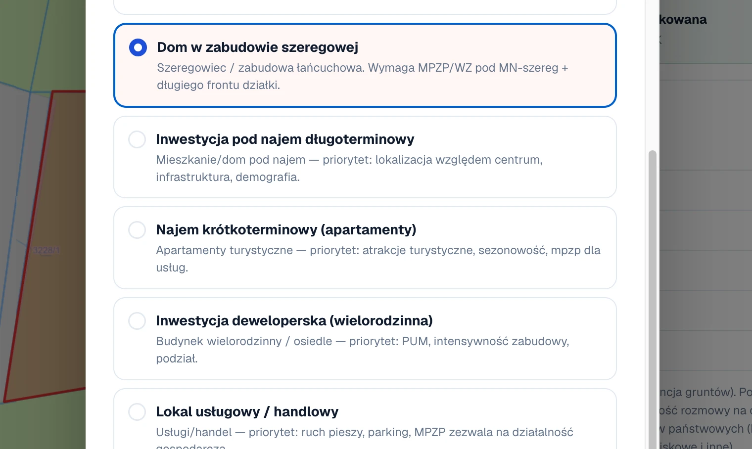 Wybór scenariusza inwestycyjnego (1 z 10) przy generowaniu raportu