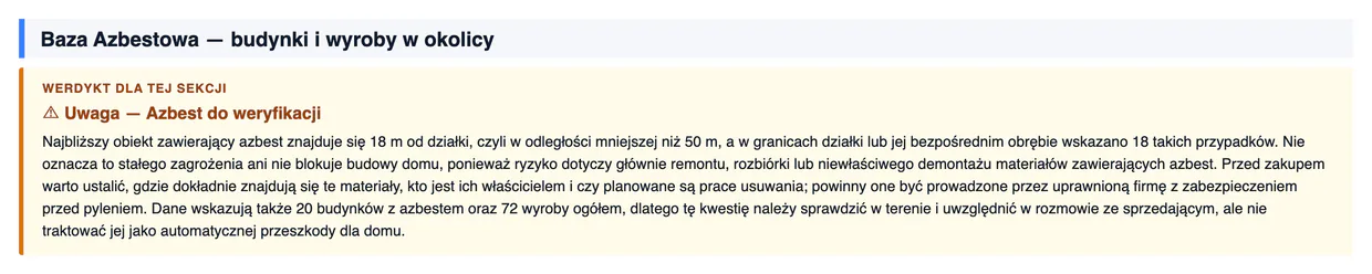 Werdykt sekcji Bazy Azbestowej ostrzegający o obiektach wymagających weryfikacji