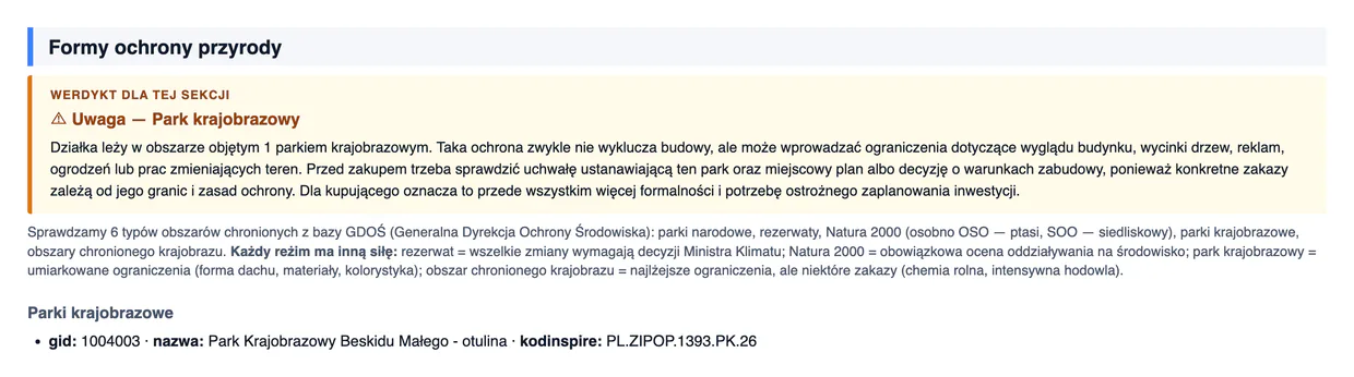 Werdykt raportu o Parku Krajobrazowym Beskidu Małego z rekordem wskazującym otulinę