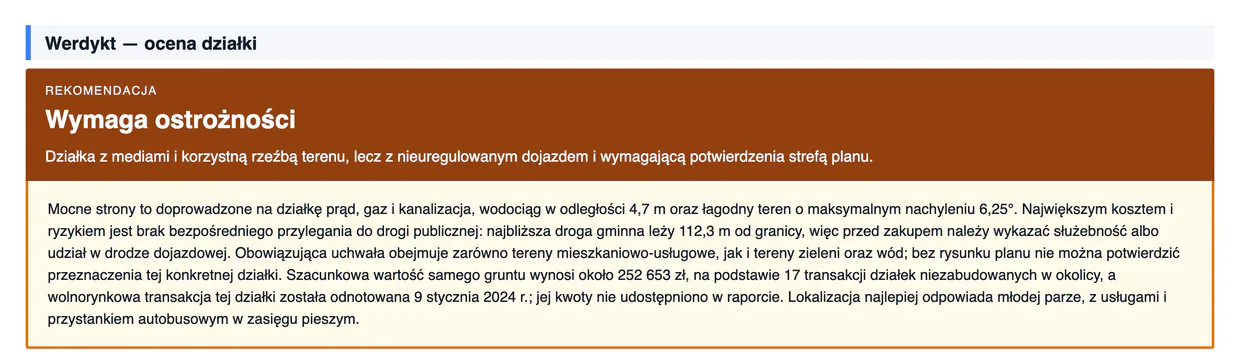 Ogólny werdykt raportu działki zestawiający atuty i ryzyka wymagające weryfikacji