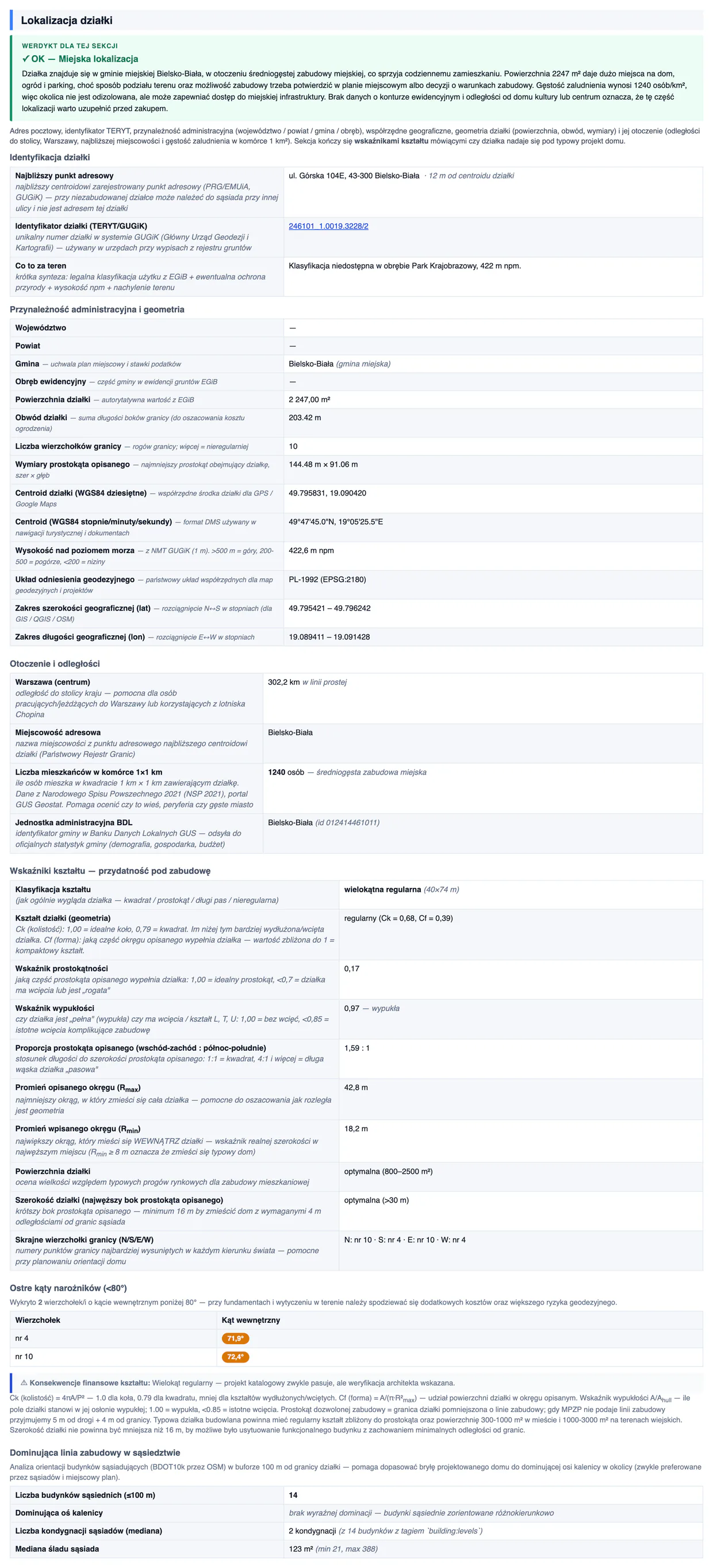 Karta lokalizacji działki z identyfikatorem EGiB, jednostkami administracyjnymi, powierzchnią, wysokością i tabelą geometrii