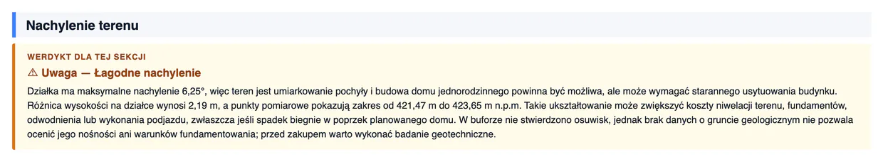 Werdykt sekcji nachylenia terenu z różnicą wysokości 2,19 metra i zaleceniem badań gruntu