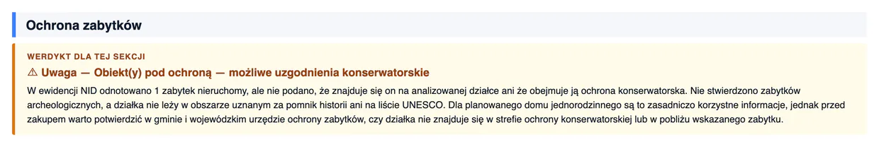 Werdykt sekcji ochrony zabytków ostrzegający o obiekcie w ewidencji i potrzebie sprawdzenia zakresu ochrony