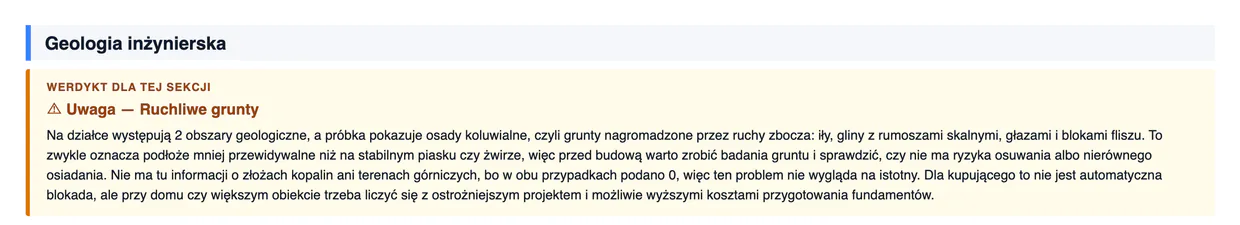 Werdykt geologiczny raportu ostrzegający o ruchliwych gruntach i ryzyku nierównego osiadania