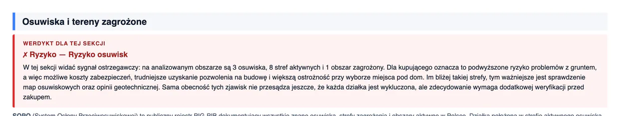 Werdykt sekcji raportu ostrzegający o wykrytym ryzyku osuwisk