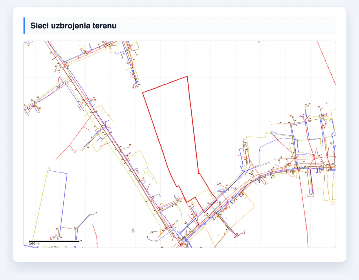 Mapa sieci uzbrojenia terenu w raporcie działki - wodociąg, kanalizacja, gaz, energia i telekomunikacja