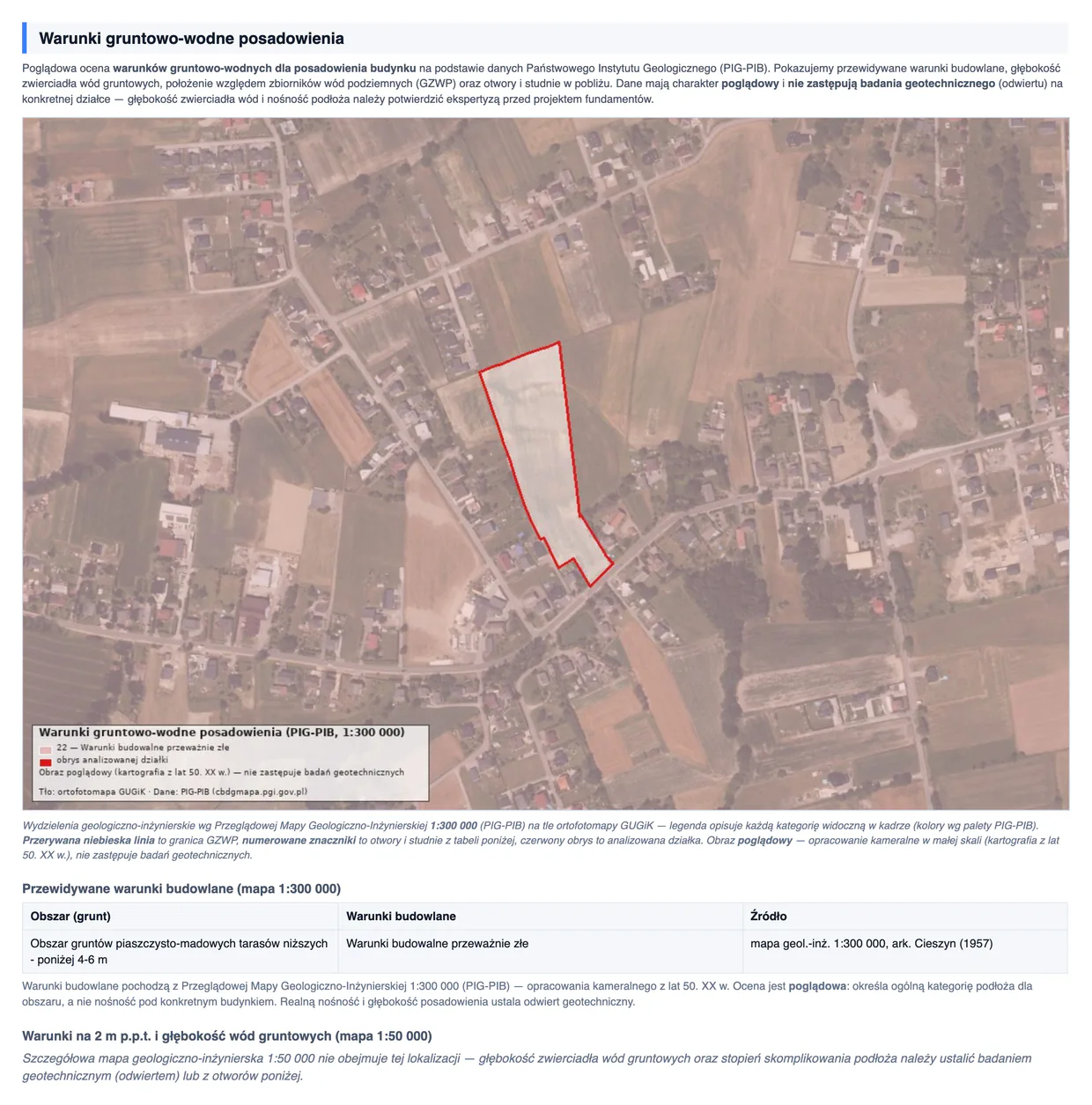 Mapa raportu wykrywająca na działce grunty piaszczysto-madowe z warunkami budowlanymi przeważnie złymi