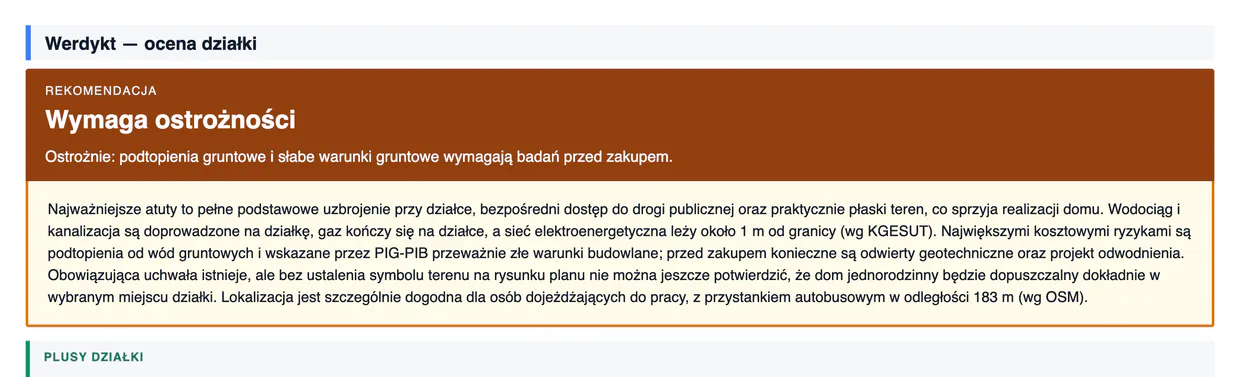 Ogólny werdykt raportu wskazujący bezpośredni dostęp do drogi publicznej oraz ryzyka gruntowo-wodne