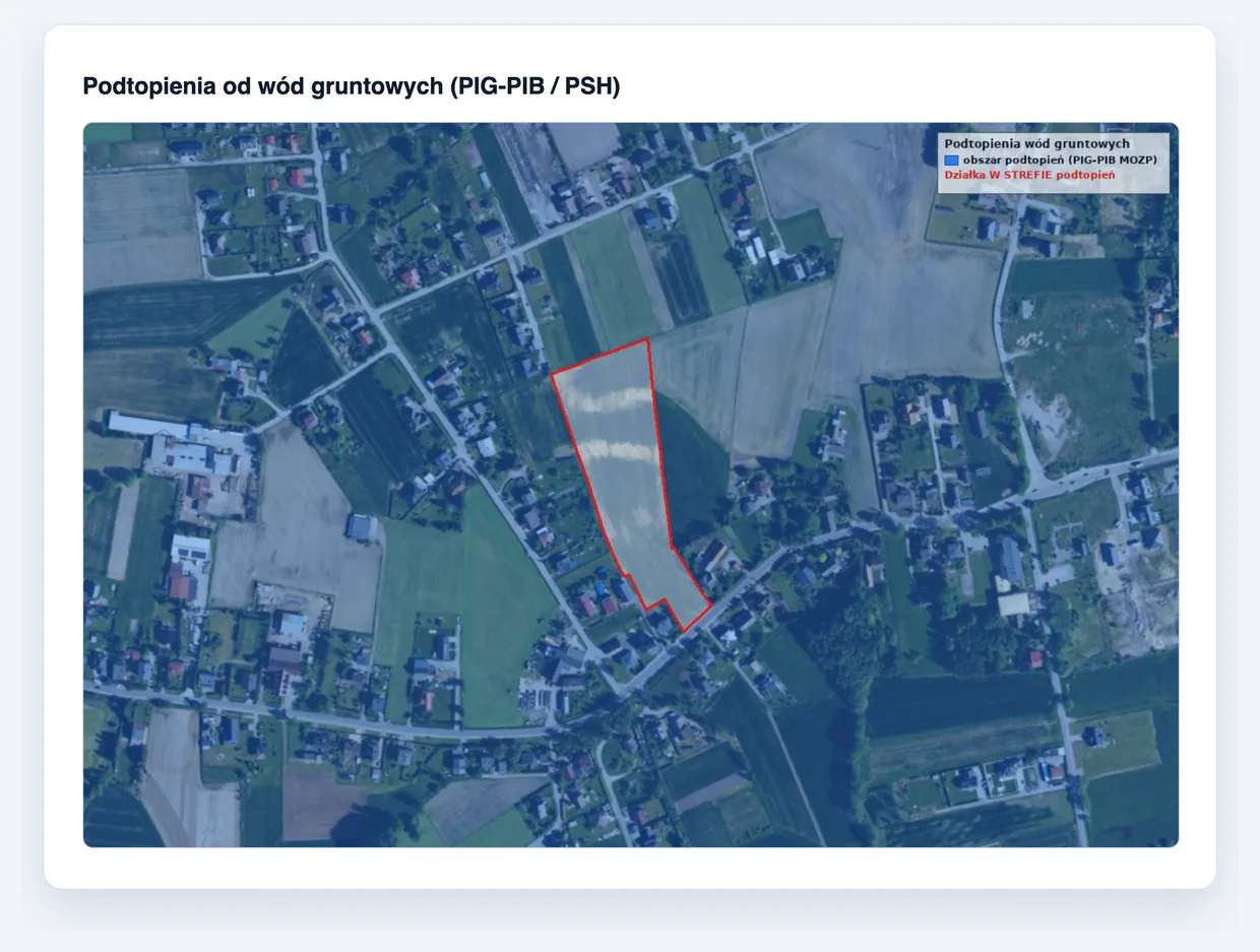 Mapa obszaru zagrożonego podtopieniami PIG-PIB w raporcie działki - działka w czerwonym obrysie leży w niebieskiej strefie